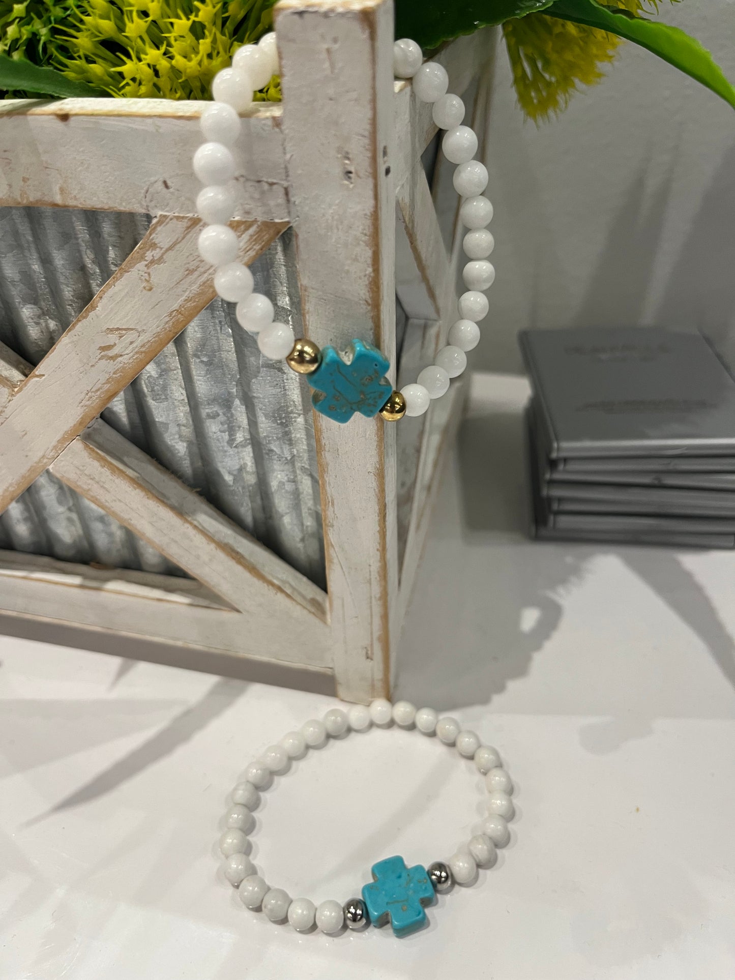 White bead turquoise cross bracelet