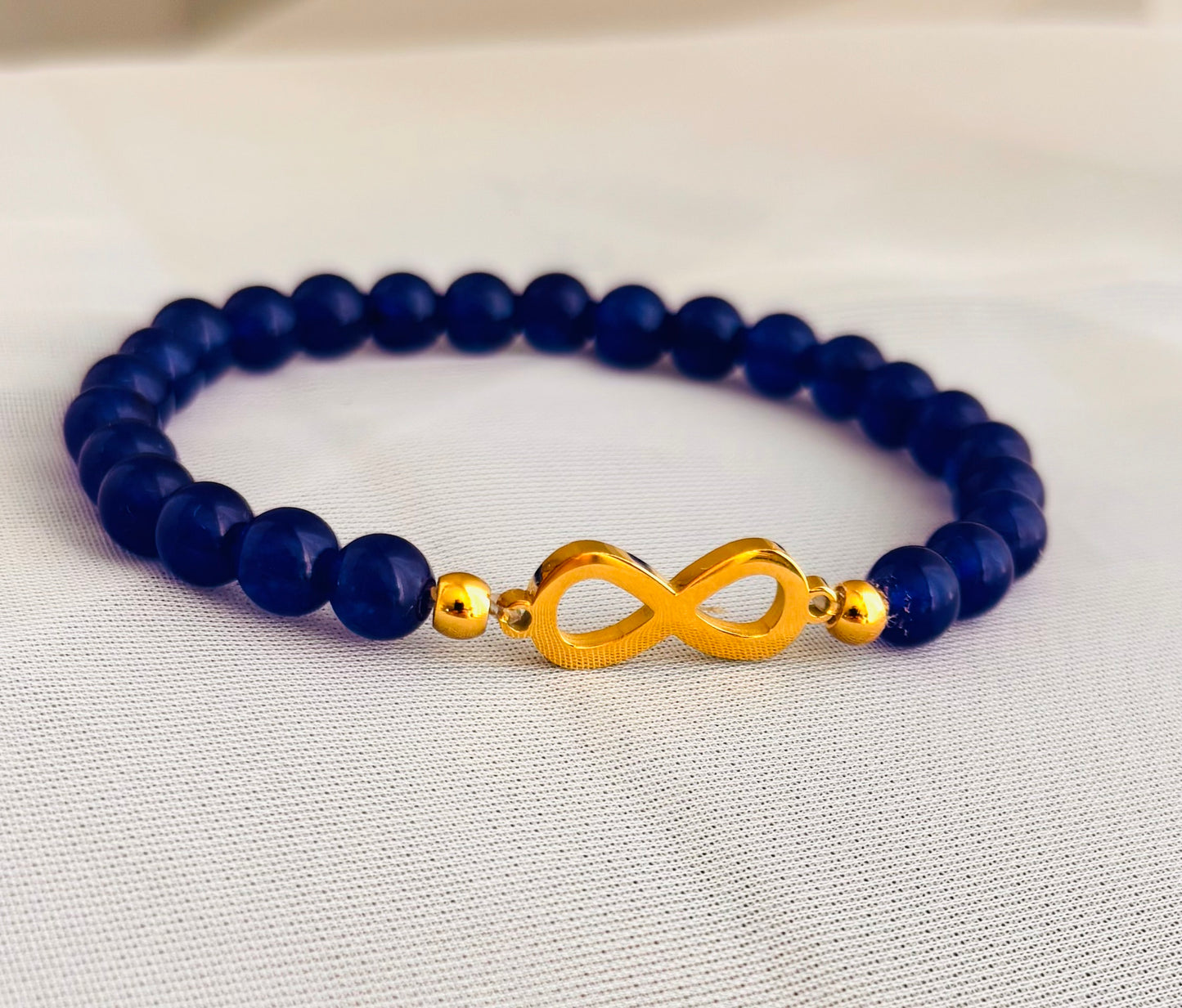 Blue Gemstone Beaded Bracelet with Infinity Charm - Silver or Gold Stainless Steel