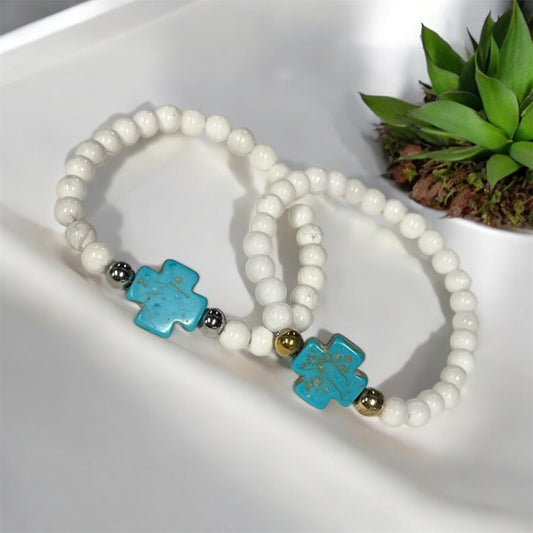 White bead turquoise cross bracelet