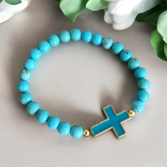 Turquoise Beaded Bracelet with Turquoise & Gold Cross