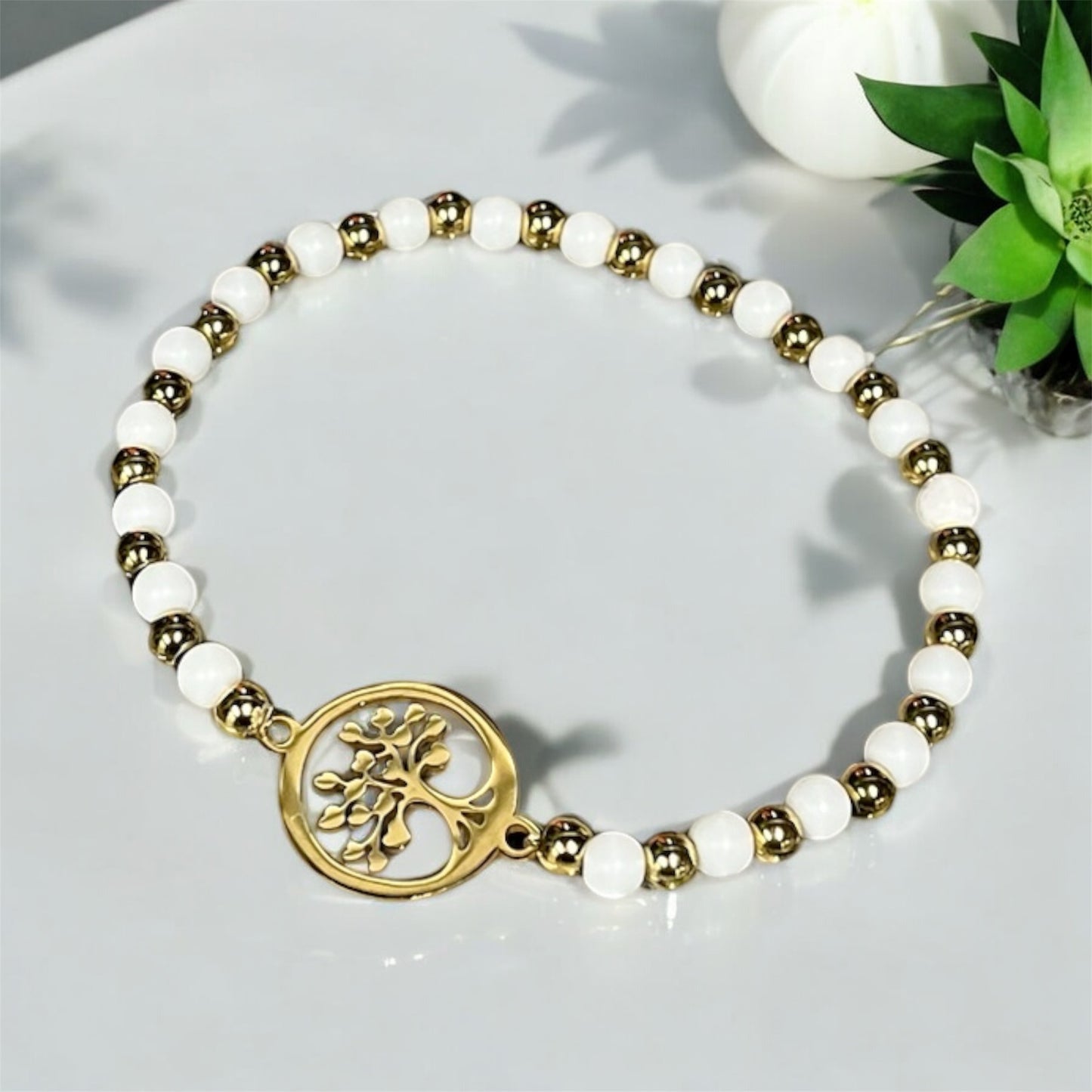 Family Tree Beaded Bracelet – Stainless Steel, Black & Gold, White & Gold, or Gold