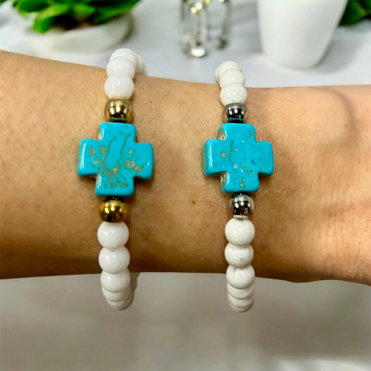 White bead turquoise cross bracelet