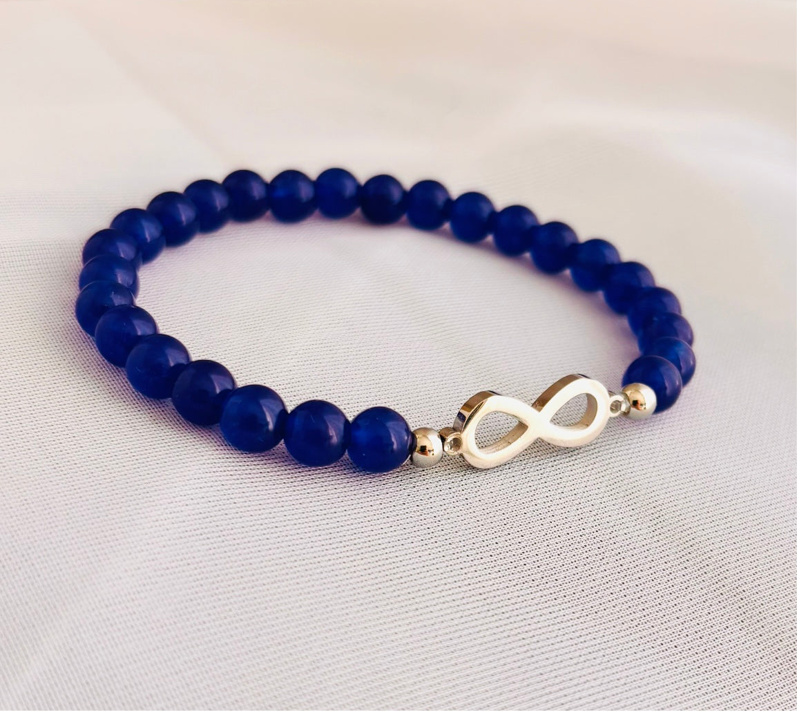 Blue Gemstone Beaded Bracelet with Infinity Charm - Silver or Gold Stainless Steel