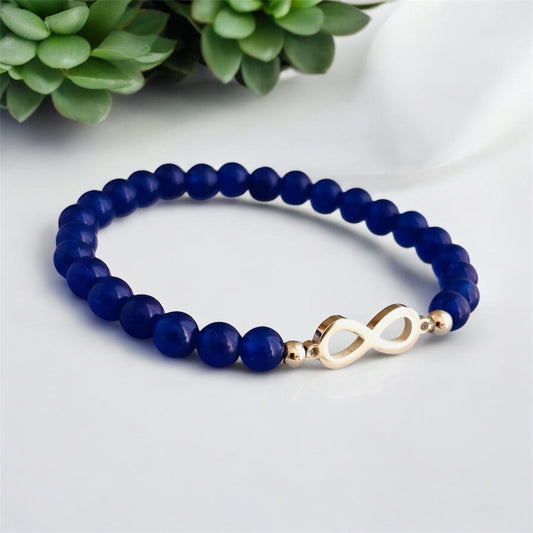 Blue Gemstone Beaded Bracelet with Infinity Charm - Silver or Gold Stainless Steel