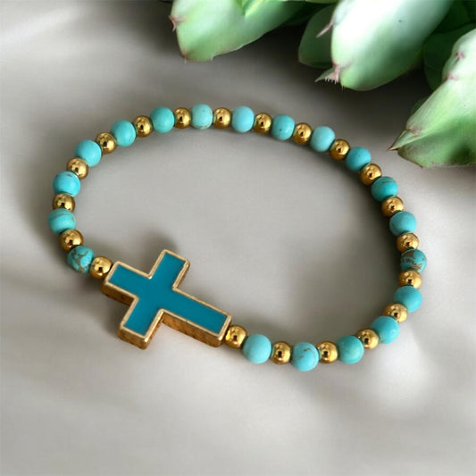 Turquoise and Gold Cross Beaded Bracelet