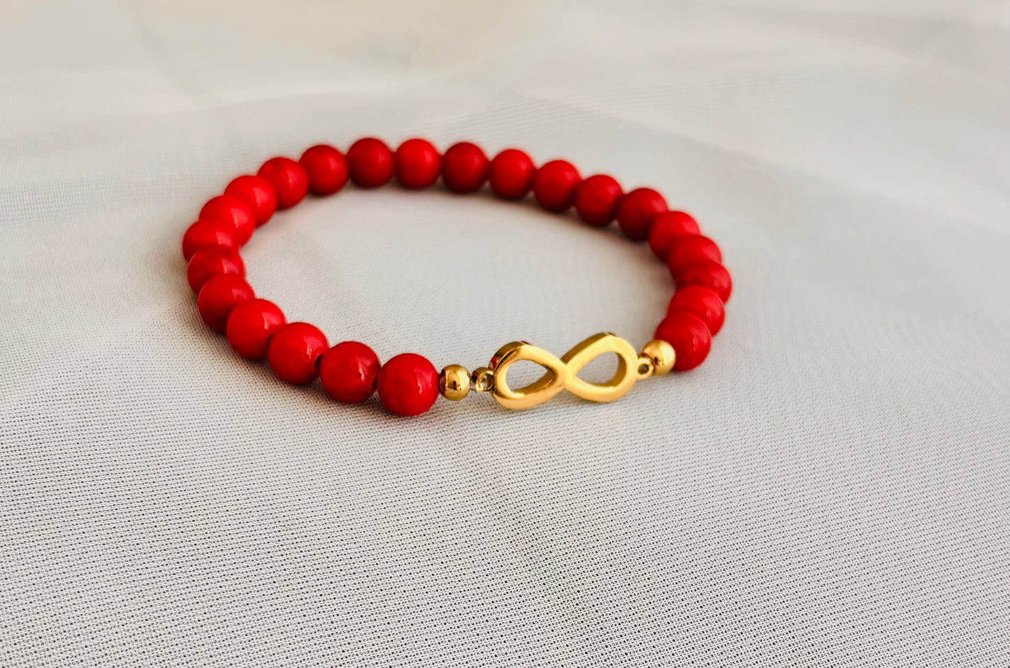 Red Jade Beaded Bracelet with Stainless Steel Infinity Charm