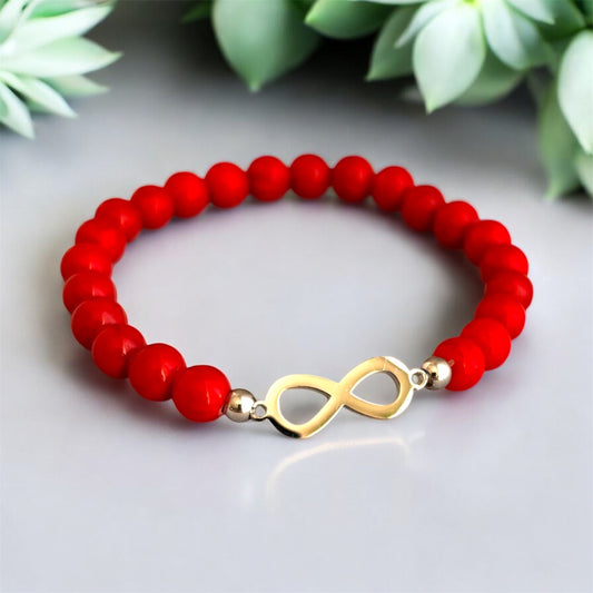 Red Jade Beaded Bracelet with Stainless Steel Infinity Charm