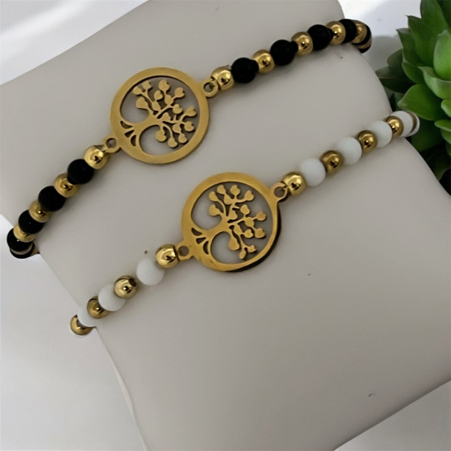 Family Tree Beaded Bracelet – Stainless Steel, Black & Gold, White & Gold, or Gold